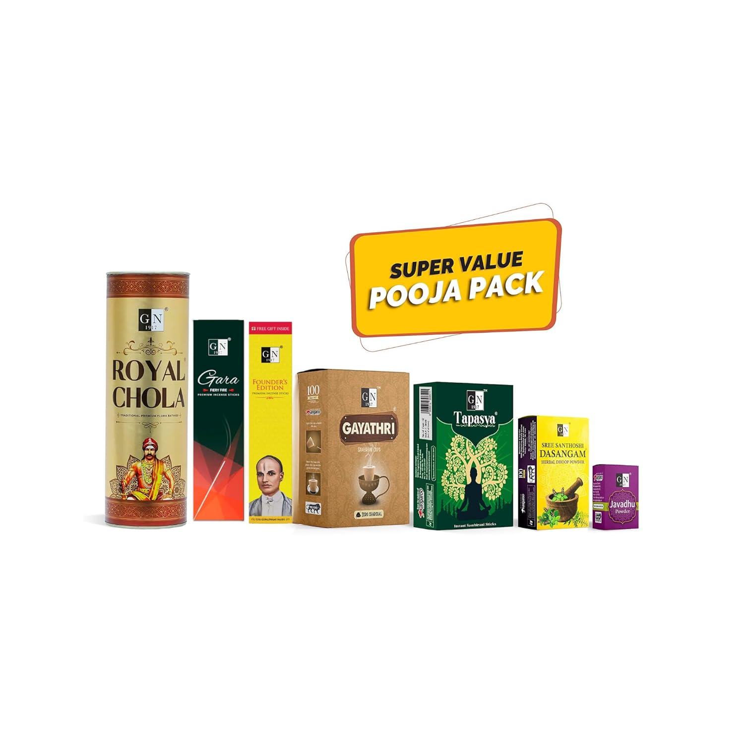 GN 1917 Super Value Combo Pooja Items | Agarbattis , Pooja Powders, Dhoop Sambrani Sticks & Cups