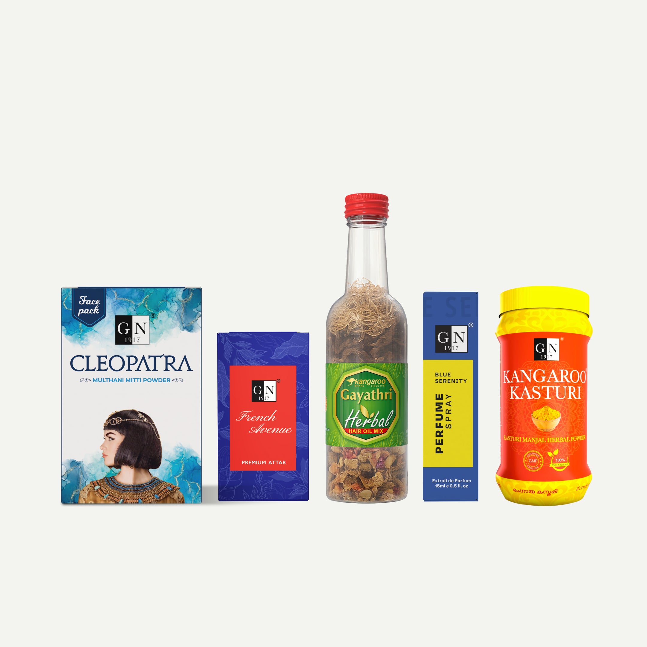 GN 1917 Personal Care Combo | Kasturi Manjal, Multani Mitti, Blue Serenity Perfume, French Avenue Attar & Gayathri Herbal Oil